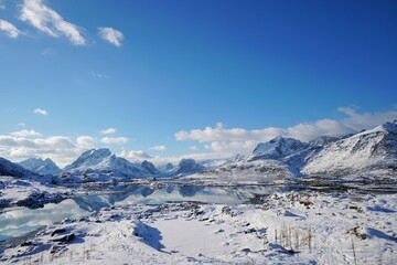 Fototapeta na wymiar Snow mountain with lake in winter season at Norway, Europe. 
