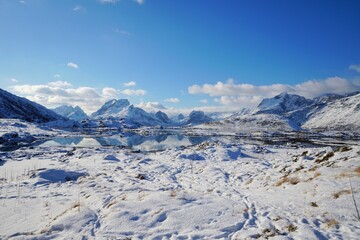Beautiful snow mountain in winter season at Norway, Europe. 