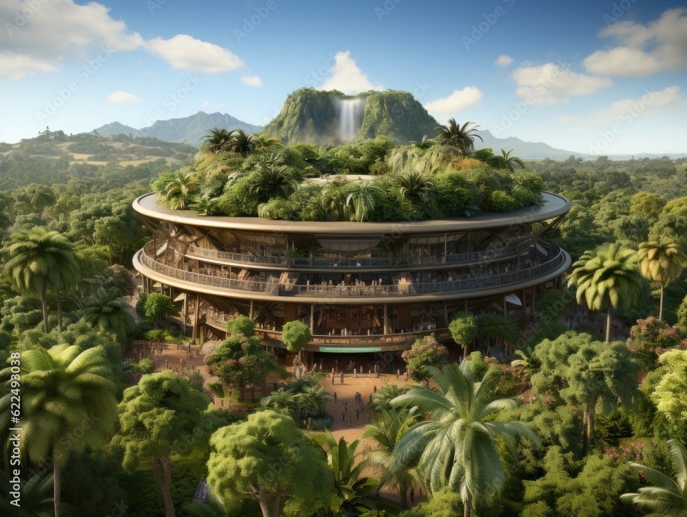 Poster a futuristic building surrounded by palm trees and mountains. generative ai image.