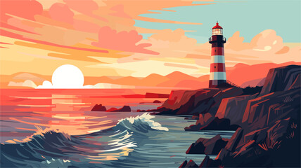 Illustration of Lighthouse on sea coast. Summer sunset landscape of ocean beach with beacon, building on cliff. Vector cartoon illustration of seascape with nautical navigation tower.