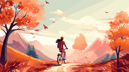 Illustration of Hello Autumn beautiful girl riding with bicycle. Hello Autumn Vector illustration with beautiful nature background. - obrazy, fototapety, plakaty