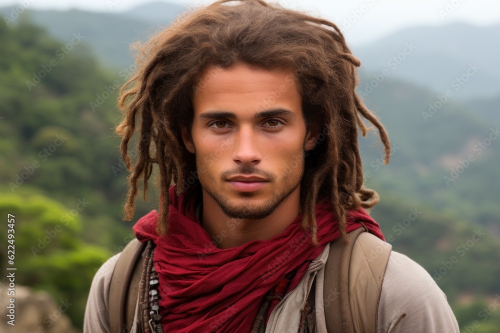 Poster a man with dreadlocks and a red scarf. generative ai image.