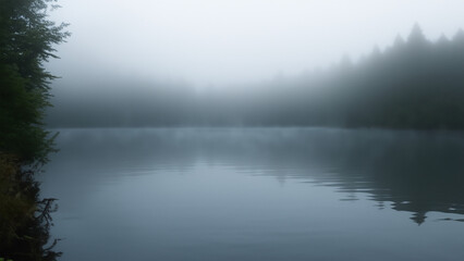 Panorama of misty, foggy forest landscape background. blurry for misty down at the lake