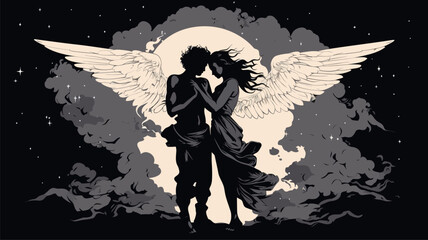 Illustration of Black and white angels embrace in an impulse of passion against the star sky