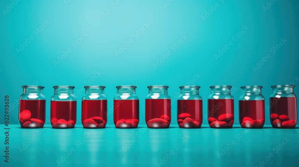 Aufkleber a row of glass bottles filled with red liquid. generative ai image.