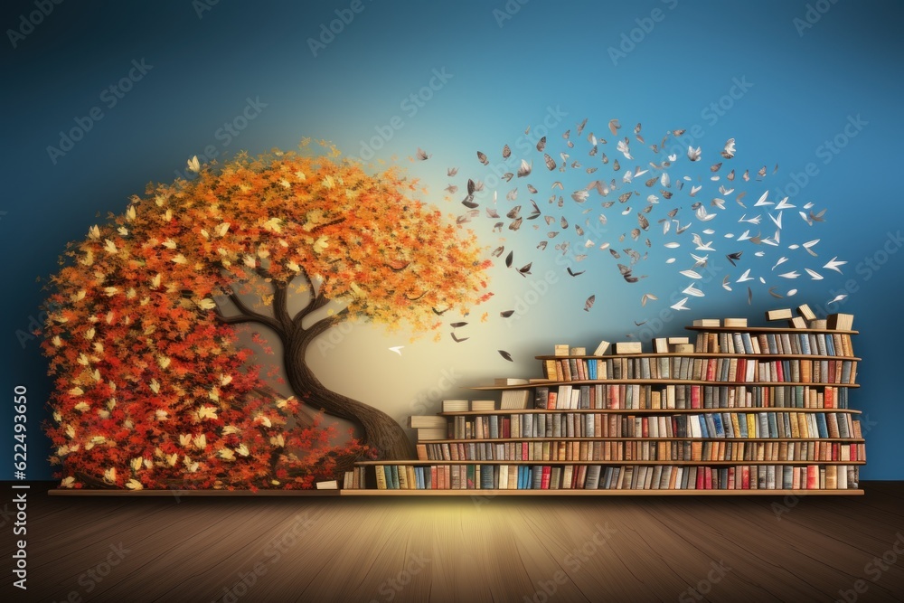 Poster a bookshelf filled with lots of books next to a tree. generative ai image.