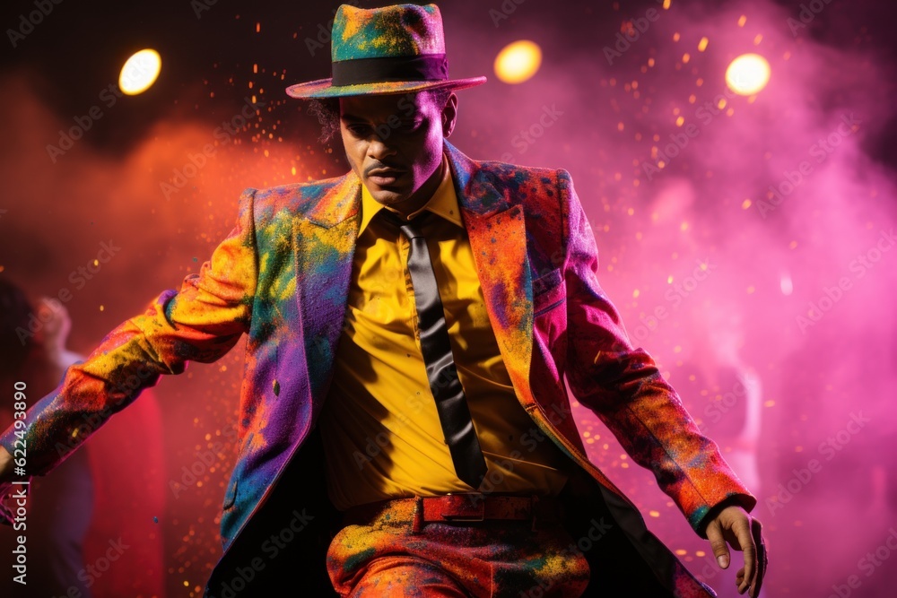 Canvas Prints A man in a colorful suit and hat on stage. Generative AI image.