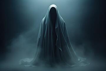 Mysterious ghost in foggy dark room, 3D rendering