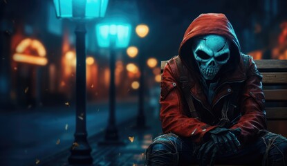 Scary man with skull mask sitting on a bench in the city at night