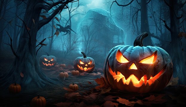 Halloween pumpkins in spooky forest. 3d render illustration