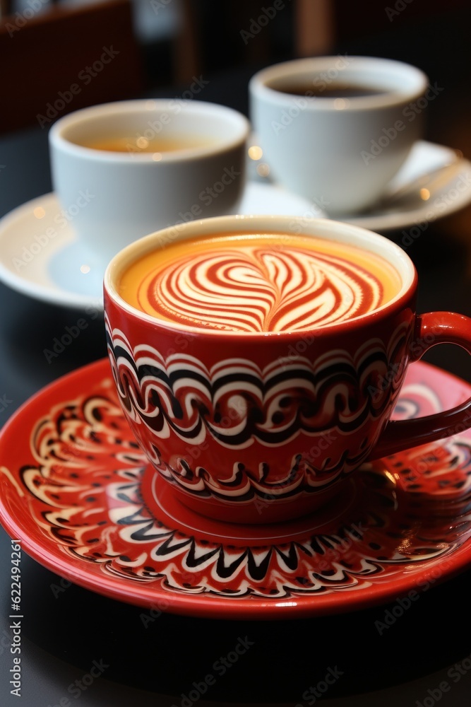 Poster a cup of coffee on a saucer on a table. generative ai image.