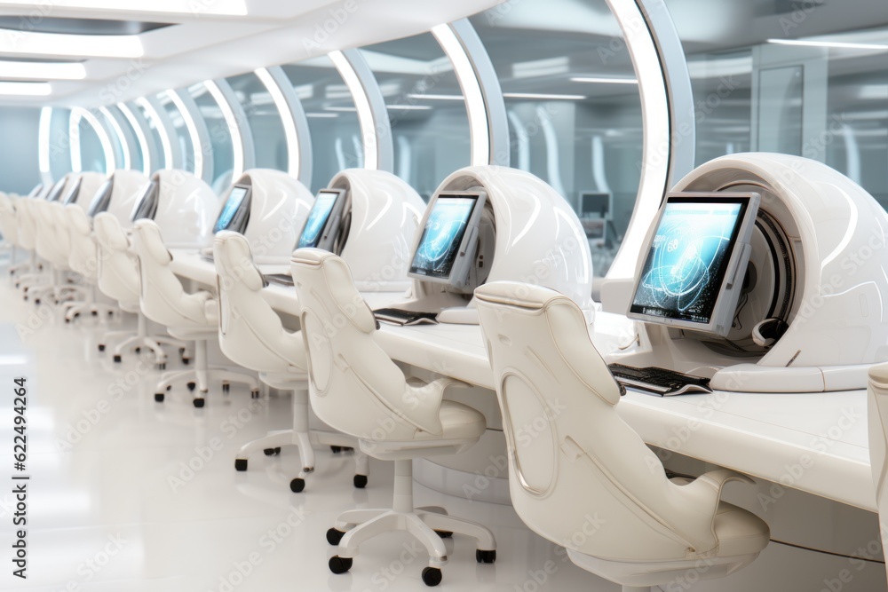 Poster a row of computers sitting on top of a white desk. generative ai image.