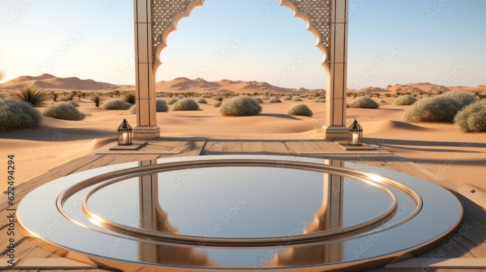 Poster a circular mirror in the middle of a desert. generative ai image.