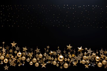 Fototapeta na wymiar Christmas background with golden stars and confetti on a black background.