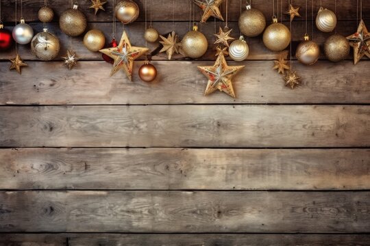 christmas decoration over wooden background with copy space. vintage filtered image