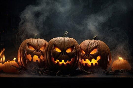 Halloween pumpkins with burning candles and smoke on dark background.