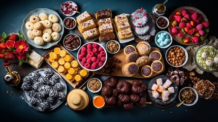 Dessert table with all kinds snacks on dark background. Candy bar. Celebration concept. Top view,...