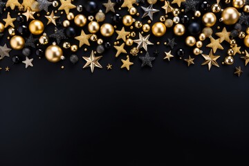 Fototapeta premium Christmas background with golden and black baubles and stars on black