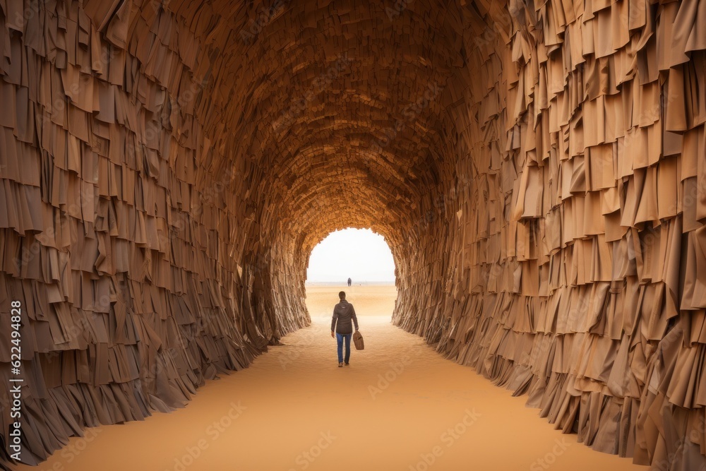 Aufkleber a person walking through a tunnel with a surfboard. generative ai image.