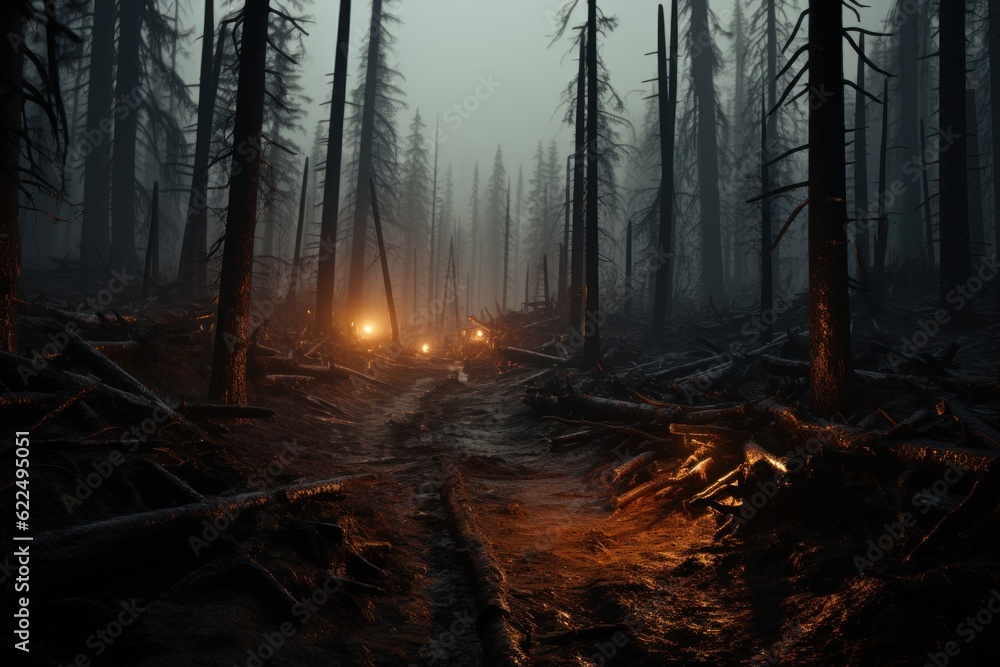 Poster a trail in the middle of a forest at night. generative ai image.