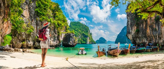 Foto op Canvas Traveler woman on vacation beach joy nature panorama view scenic landscape island Krabi, Attraction famous popular place tourist travel Phuket Thailand summer holiday trips, Beautiful destination Asia © day2505