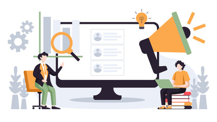 Digital marketing illustration concept in flat vector design style related to business, meeting, finance, strategy, research and development in white background.