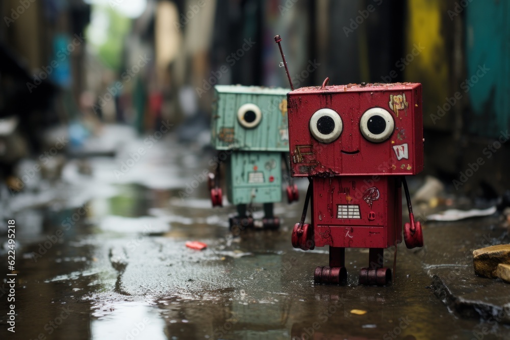 Poster a couple of red and green robots on a street. generative ai image.
