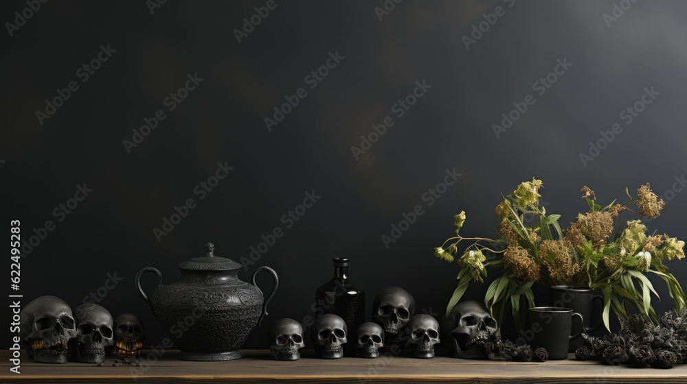 Poster a table topped with skulls and vases filled with flowers. generative ai image.