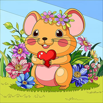 mouse with heart and flowers