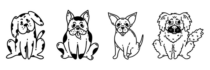 Cute dogs vector set. Puppy French Bulldog, Chihuahua, Pekingese. Pedigree and outbred pets. Fluffy, spotted, tiny animals. Simple sketch, isolated doodle. Black and white clipart for print, web
