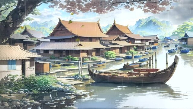 Fantasy view of beautiful traditional Japanese fishing village canal with rainy weather. Virtual animated background in japanese anime style