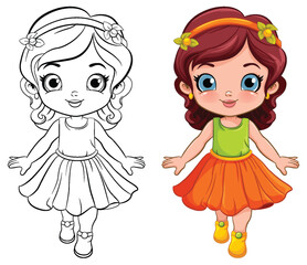 Cute Girl in Beautiful Dress Outline for Colouring