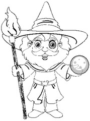 Old wizard wearing a hat with a long beard doodle coloring page for children