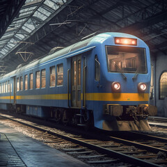 Fototapeta na wymiar a blue and yellow train In a station