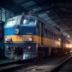 a blue and yellow train In a station