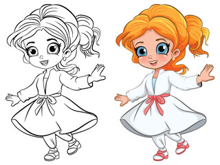 Cute Girl in Beautiful Dress Outline for Colouring