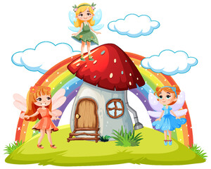 Mushroom house fairy tale with fairy cartoon