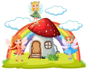 Fotobehang Mushroom house fairy tale with fairy cartoon © GraphicsRF