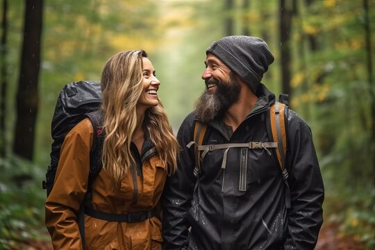 Photorealistic image of a middle aged couple of hikers walk through the forest in rainy weather.