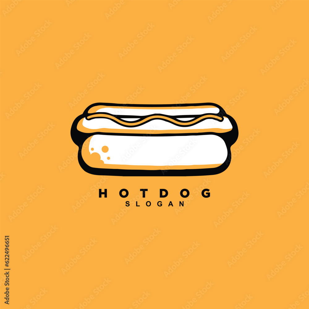 Wall mural Vintage hand drawn fast food homemade hot dog logo design isolated on yellow background