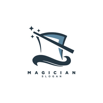 Modern magic hat with stick logo design. Magician show logo vector