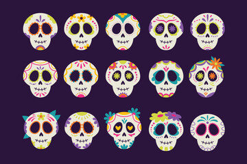 Set of sugar skull element flat design illustration, skull of day of the dead