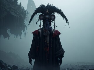 Evil Witch Doctor with a Head Dress in a foggy void. Generative AI
