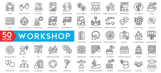 Workshop icon set. Containing team building, collaboration, teamwork, coaching, problem solving and education icons. - obrazy, fototapety, plakaty