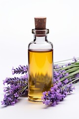 Obraz na płótnie Canvas Lavender essential oil bottle with a sprig of lavender on white background for use in the spa with massage, aromatherapy.
