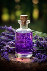 Obraz na płótnie Canvas Lavender essential oil bottle with a sprig of lavender for use in the spa with massage, aromatherapy.