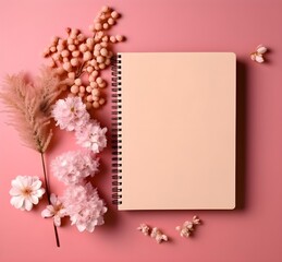 blank book page background and pink flowers