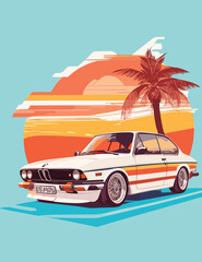 Vintage car on the background of palm trees and the sun illustration