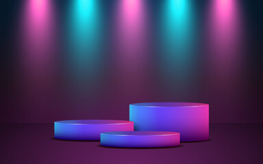 product podium display 3d group of Empty Cylinder and light ray in neon color background