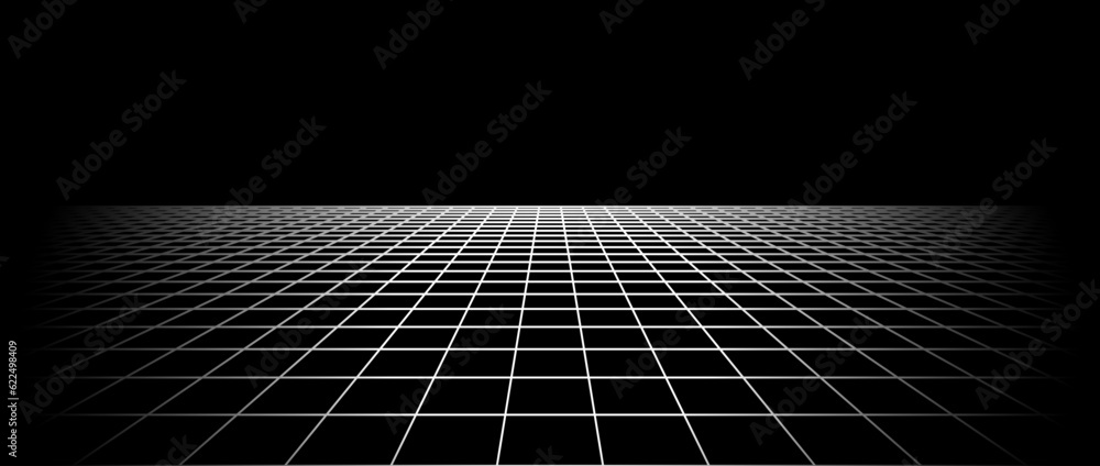 Poster fading wireframe grid. vanishing checkered tile floor landscape. disappearing horizontal chessboard 